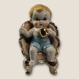 Baby Boy Vintage Figurine Toddler Sitting Gold Cup And One Shoe Porcelain 4.25”